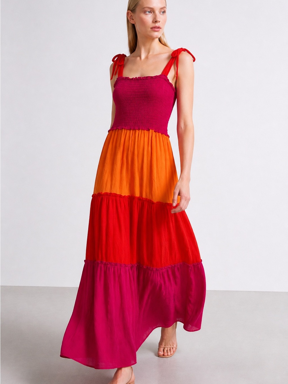 *New* BeBop Colorblock Tie-Shoulder Maxi Dress in Magenta, Orange and Red